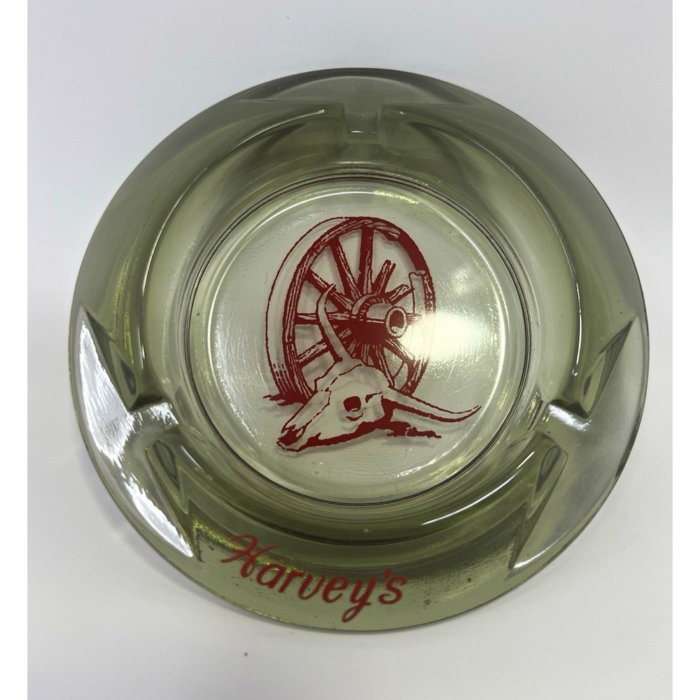 Harvey's Casino Glass Ashtray Wheel & Skull Logo Casino Theme